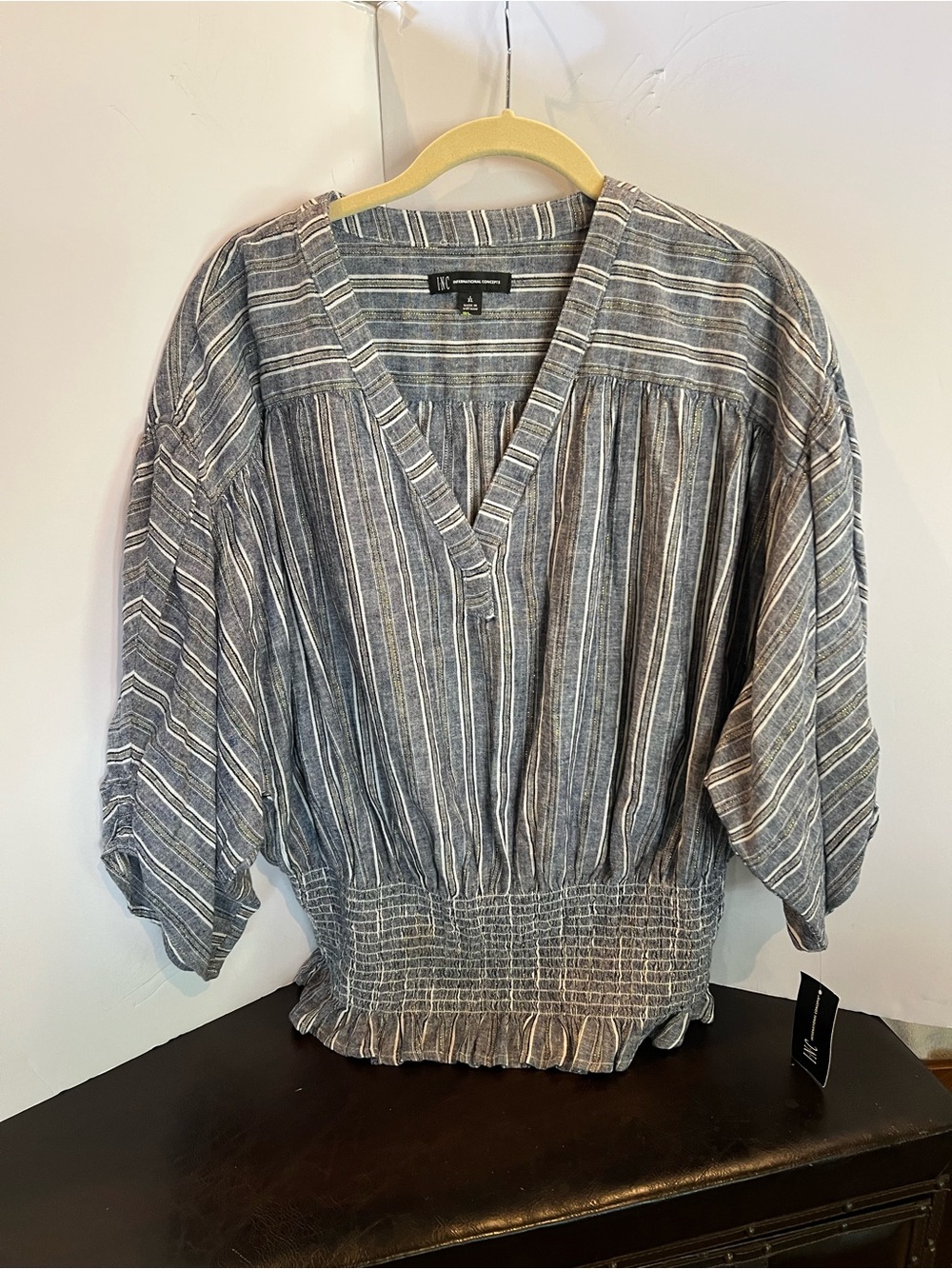 INC International Concepts Gray Striped V-Neck Smocked-Hem Blouse